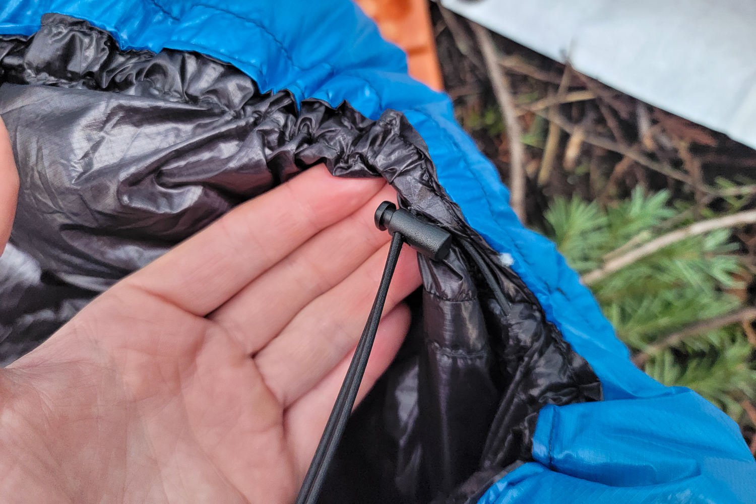 Closeup of the cinch cord on the Zpacks Mummy Bag