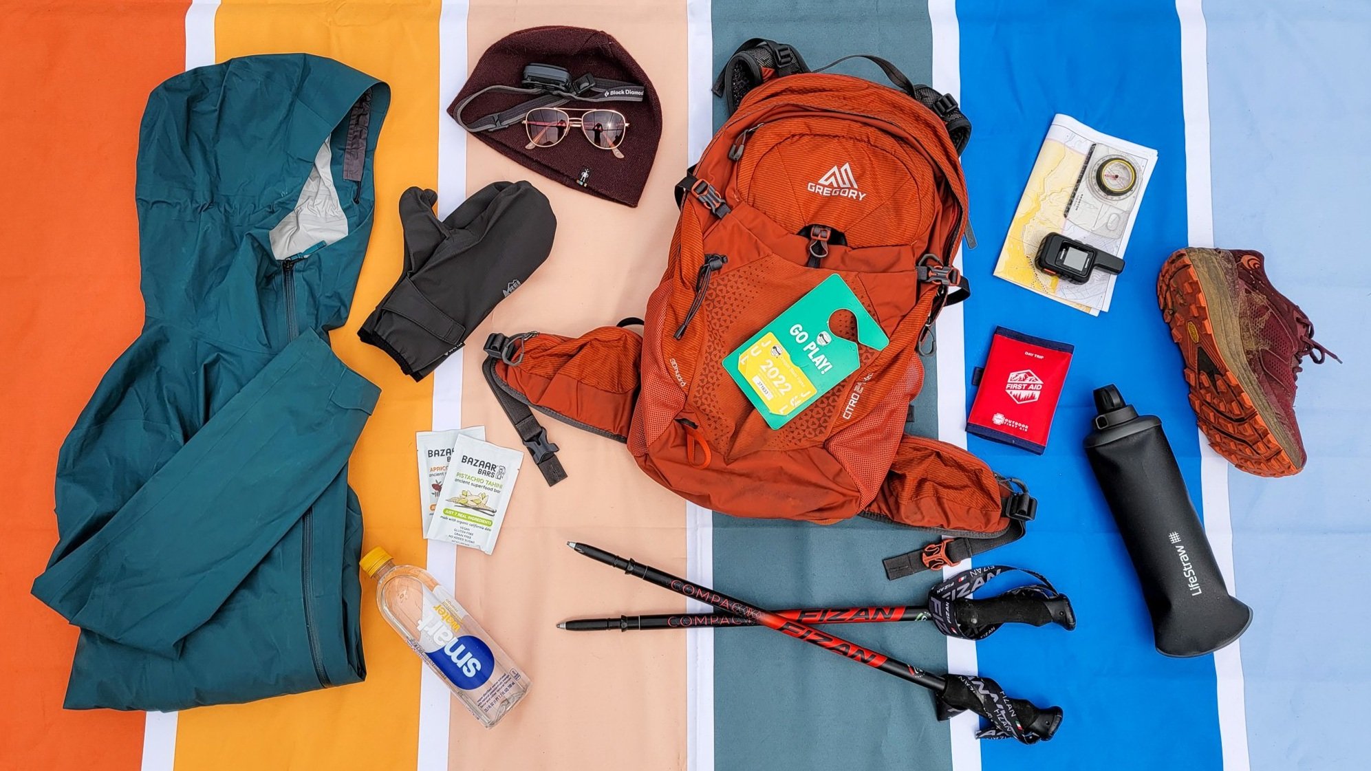 Top-down view of day hiking gear