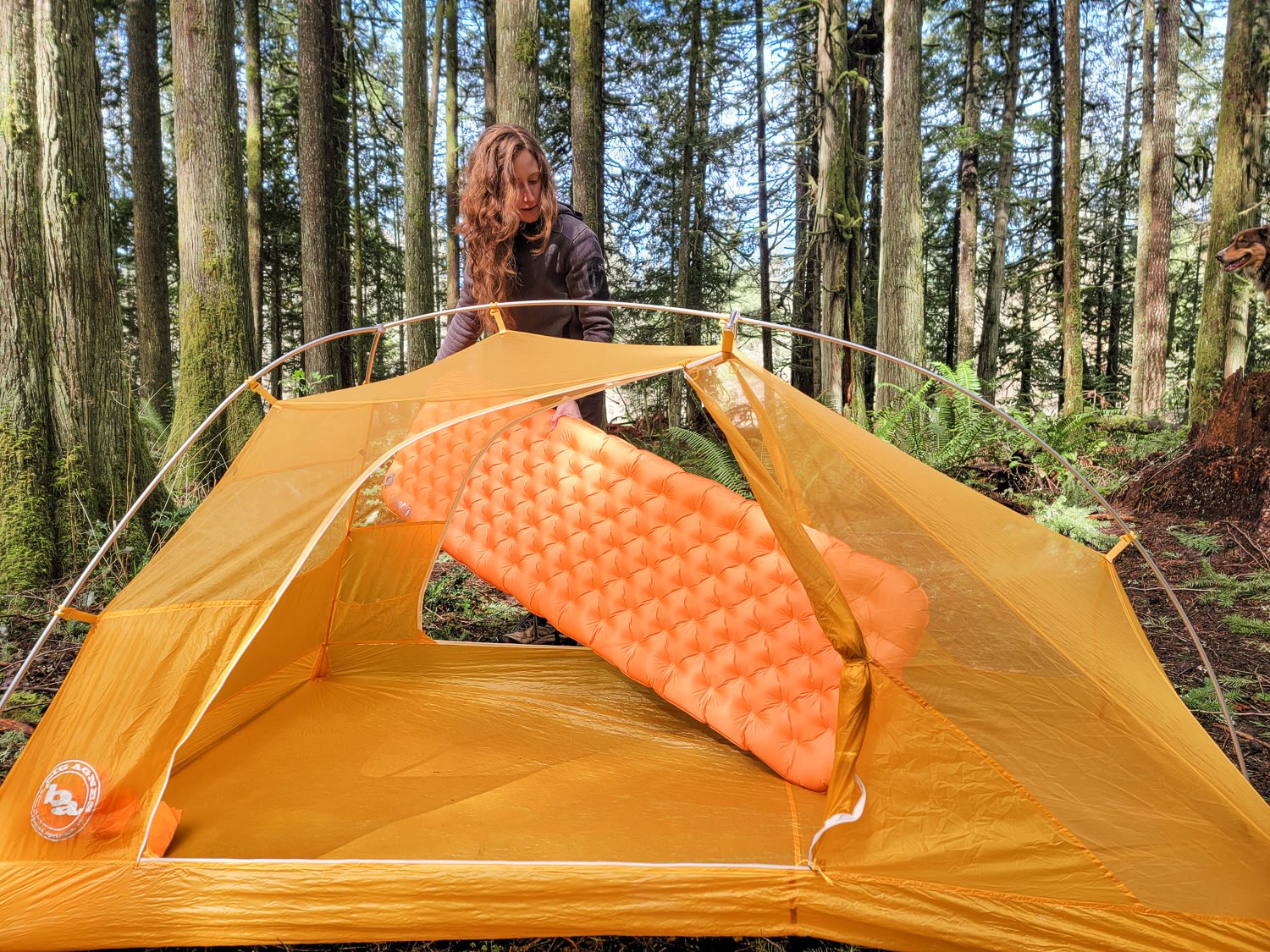 a backpacker sets up their sleep system with a tent and a sleeping pad. They are placing the inflated pad inside the tent through the open door.