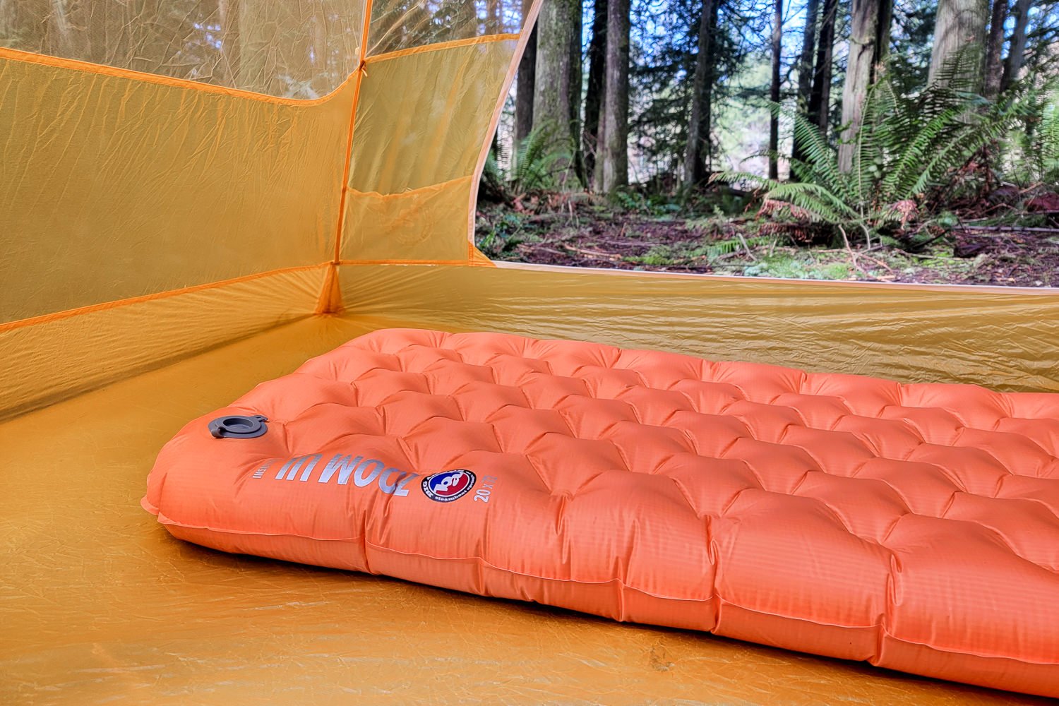 the Big Agnes Zoom Ultralight sleeping pad inflated inside a tent with the door open