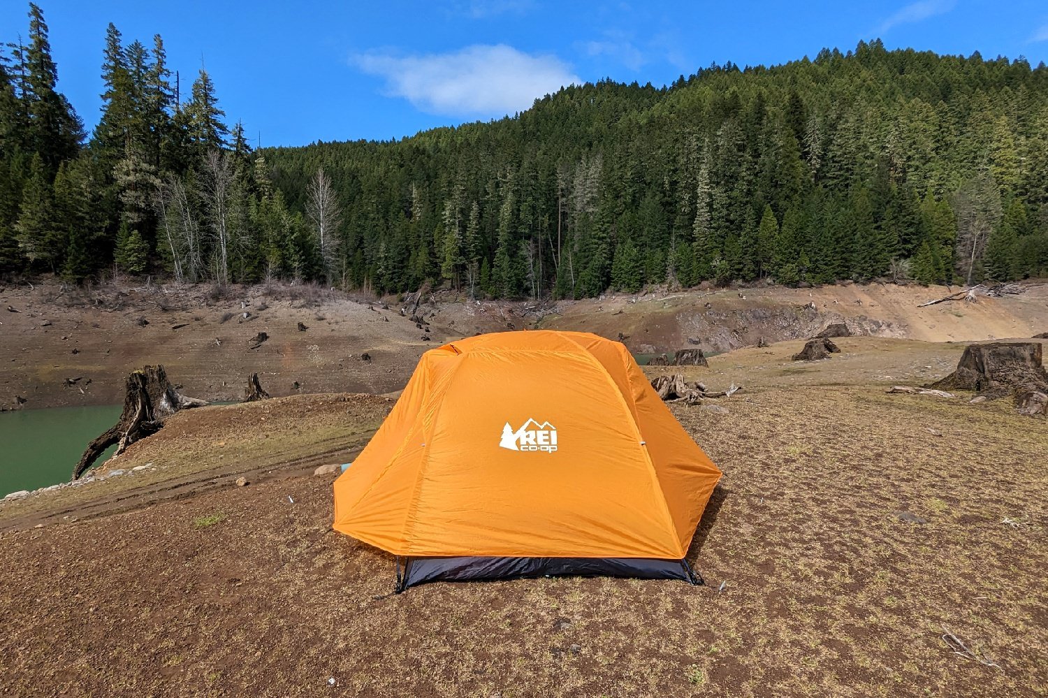 A side view of the REI Half Dome 2 with the rainfly on to show the space it takes up and the size of the vestibules