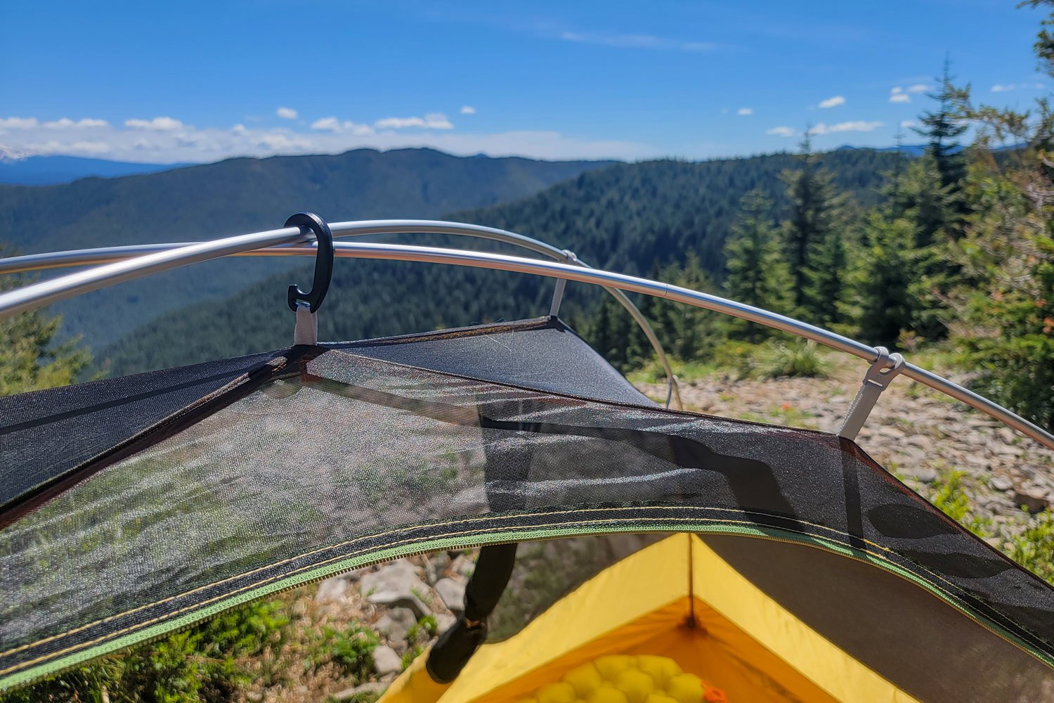 A view of the top pole structure of the REI Trailmade 2 tent