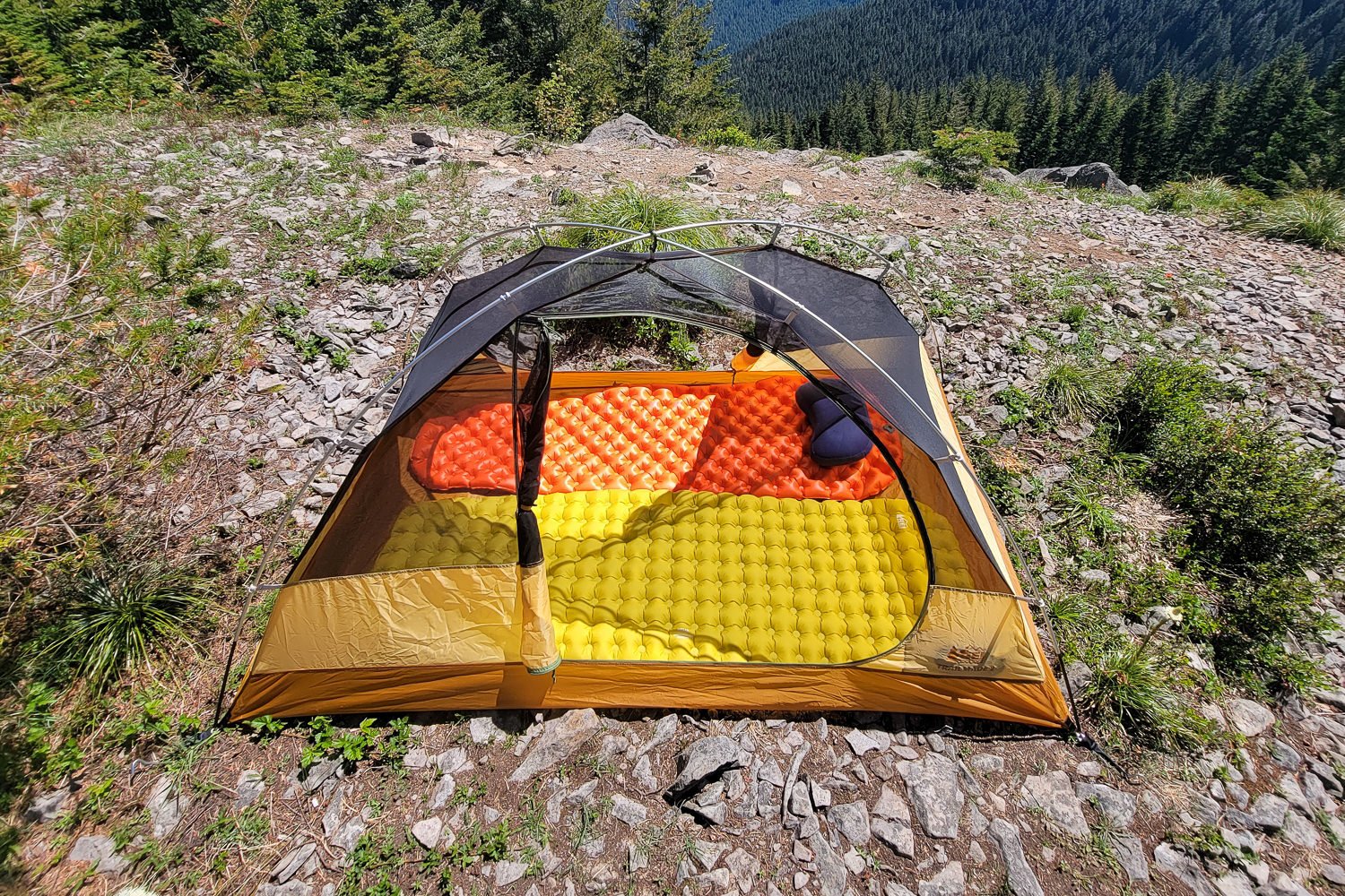A top down view of the Trailmade 2 tent with both doors open and sleeping pads on the floor of the tent
