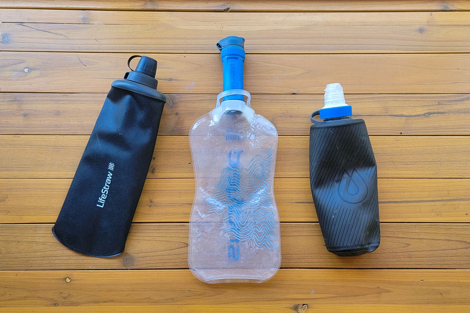 Left to right: LifeStraw Peak Squeeze, Platypus QuickDraw & Katadyn BeFree with the Hydrapak Flux Bottle