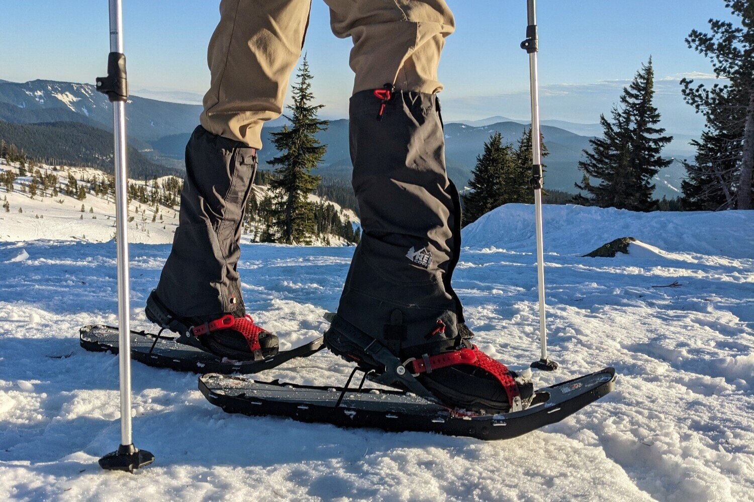 Using the REI Co-op Backpacker Gaiters to keep snow and ice out of our shoes.