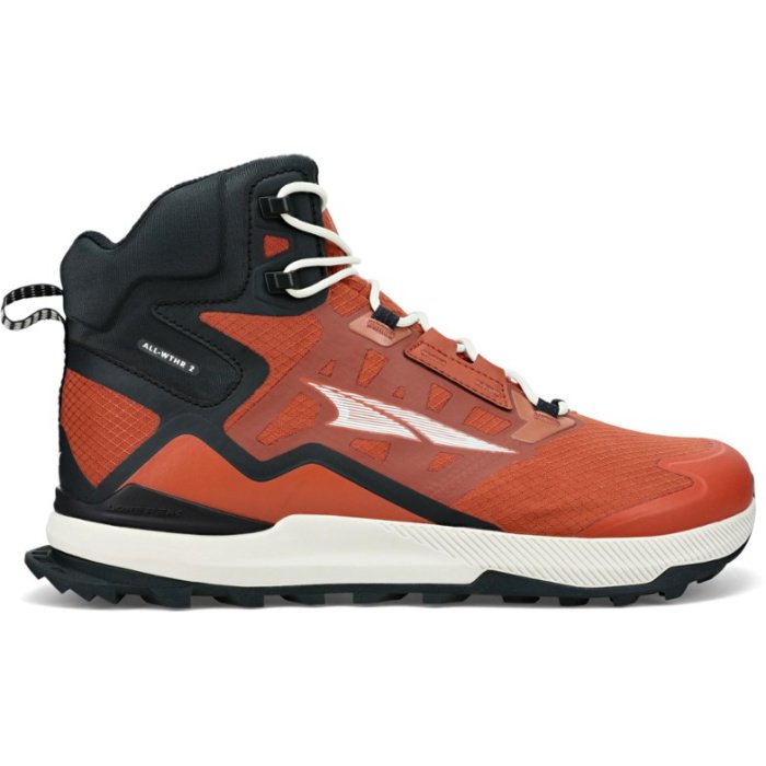 Orange hiking boot with a little more sneaker-feel. White sole, black heel