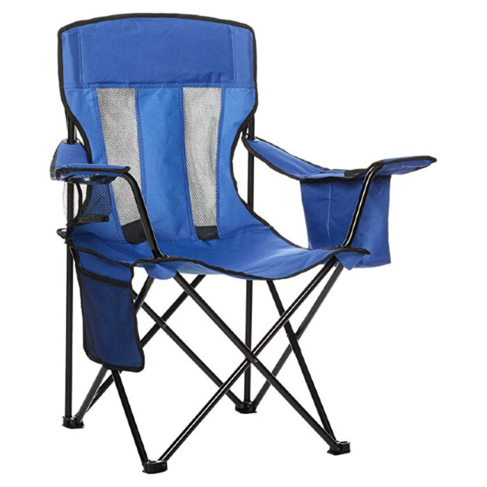 Blue camping chair with pouches on armrests