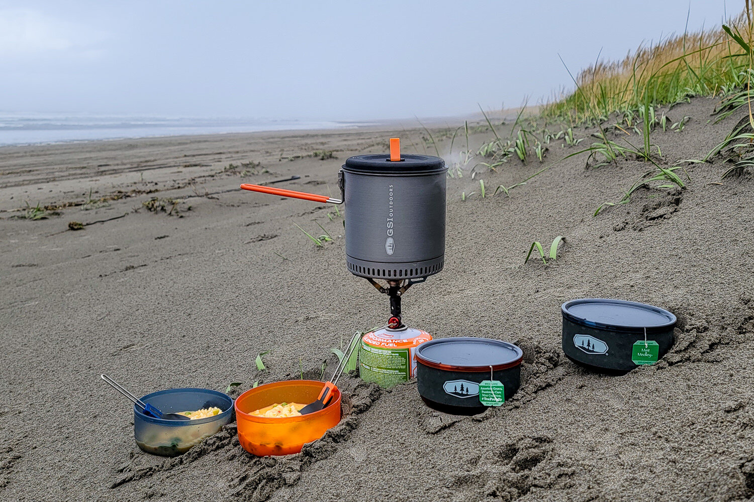 The GSI Outdoors Pinnacle Dualist HS Cookset is efficicent for heating large amounts of water for groups of 2-4