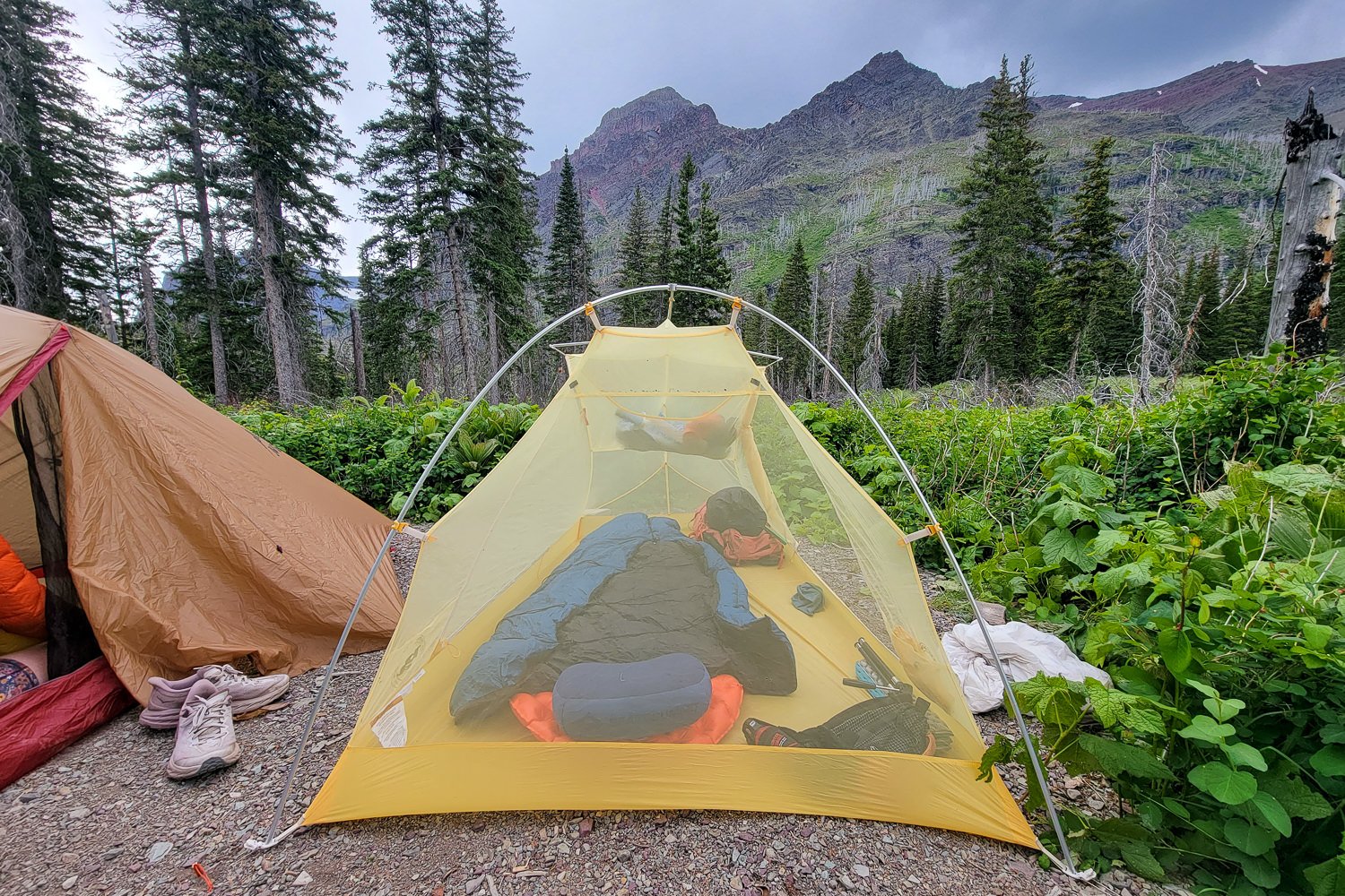 Looking into the head of the Big Agnes Tiger Wall UL2 tent with a single, regular-width pad inside