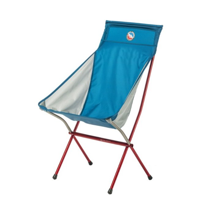 Blue and white curved camping chair supported by a metal red/orange frame