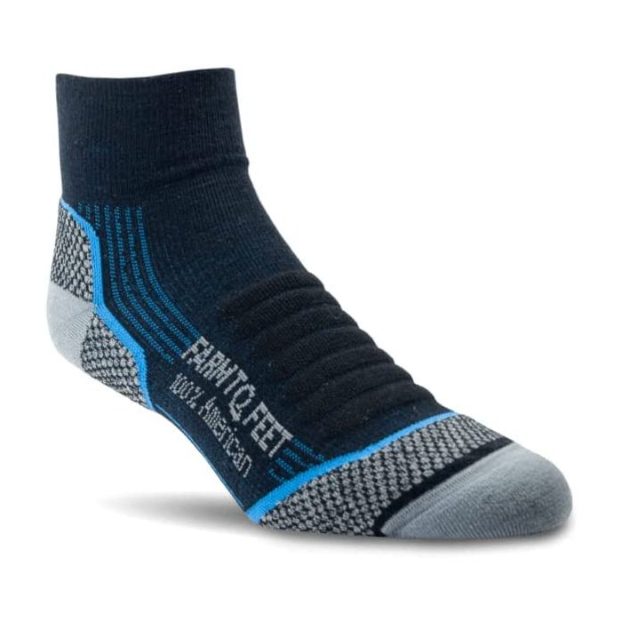 Black and silver short quarter length sock, anti-slip ribbing on top, with navy and electric blue accents