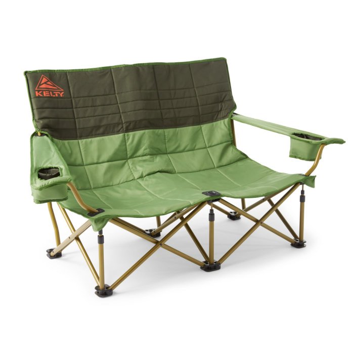 Green loveseat camping chair, cup holders on arm rests