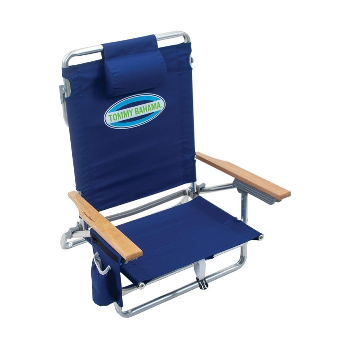 Blue camping/beach chair with headrest, pouch cupholder, silver frame, and wooden armrests