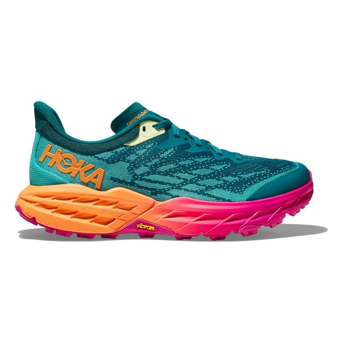 Stock image of women's HOKA Speedgoat 5 trail running shoe on white background