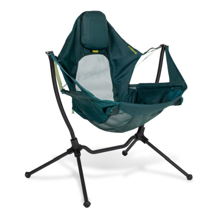 Teal camping chair with mesh back and seat, suspended on a u-shaped black rack