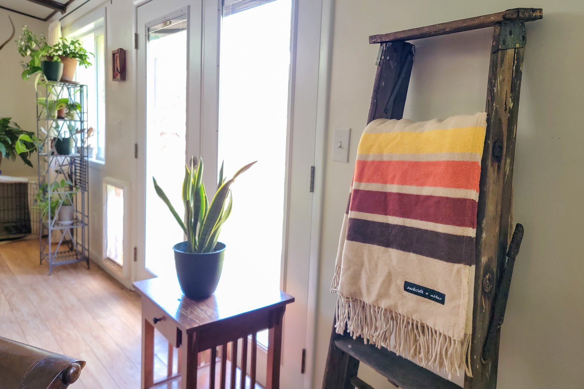 Sackcloth and Ashes Camp Blanket hanging on a ladder in a plant-filled living room