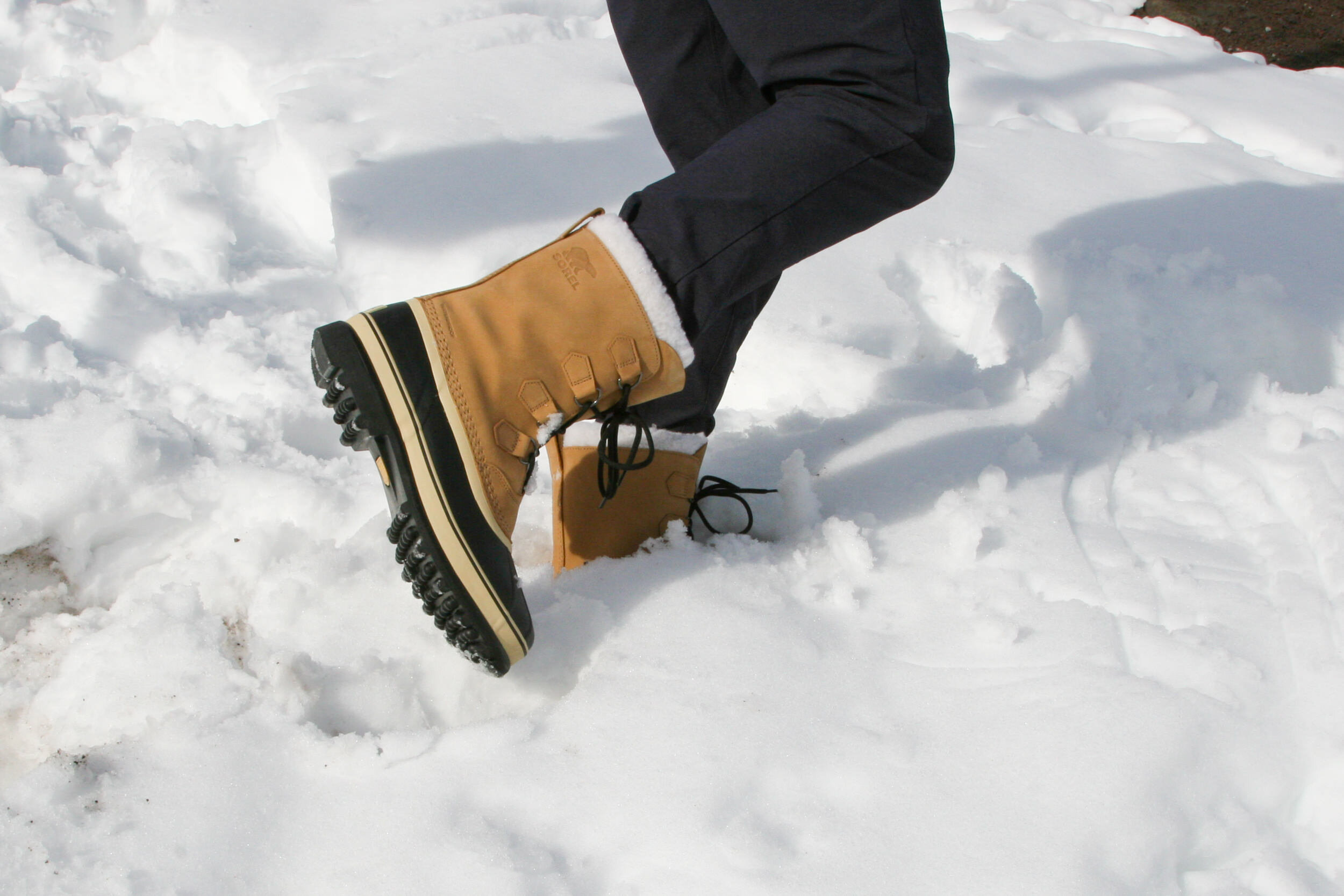 The Sorel Caribou have a tall cuff to keep snow out when walking in deep drifts