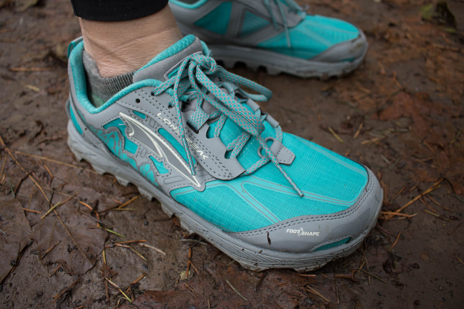 Closeup view of a hiker's feet in the Altra Lone Peak 4 Hiking Shoes