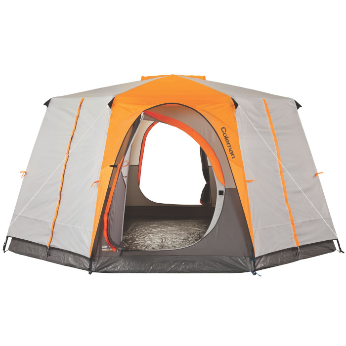 Coleman Octagon 98. Octagonal, spacious, orange and grey tent
