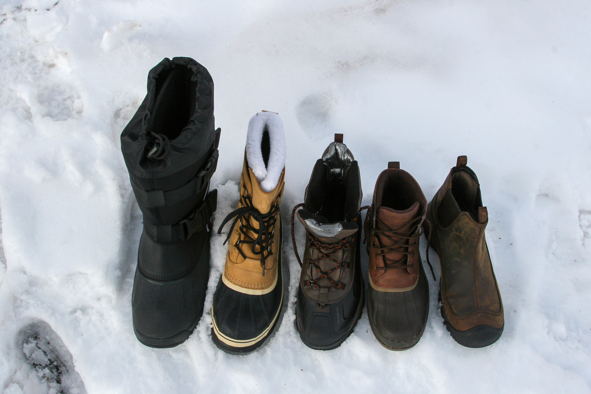 Most to least insulated from Left to Right - Baffin Impact - Sorel Caribou - Columbia Bugaboot Plus IV - Sperry Cold Bay Chukka - Keen Anchorage II
