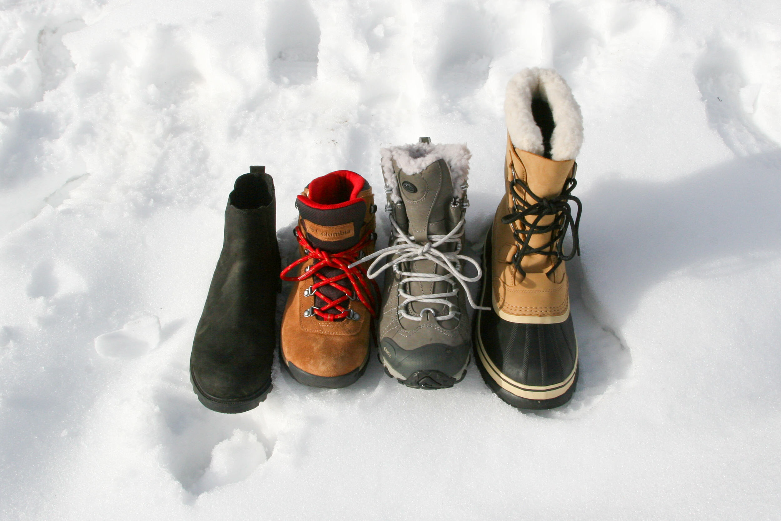 Least to most insulated from Left to Right - Sorel Ainsley Chelsea, Columbia Newton Ridge Plus Amped, Oboz Bridger 7” Bdry, Sorel Caribou