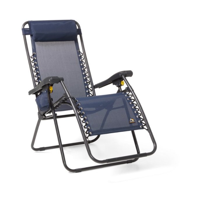 Navy blue mesh camping chair with headrest, leg rest, and armrests
