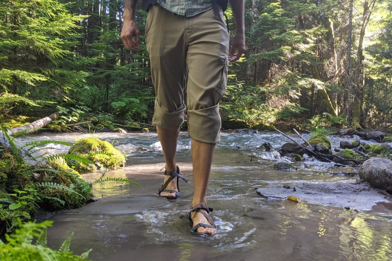 Using the Xero Shoes Z-Trail to cross a stream.
