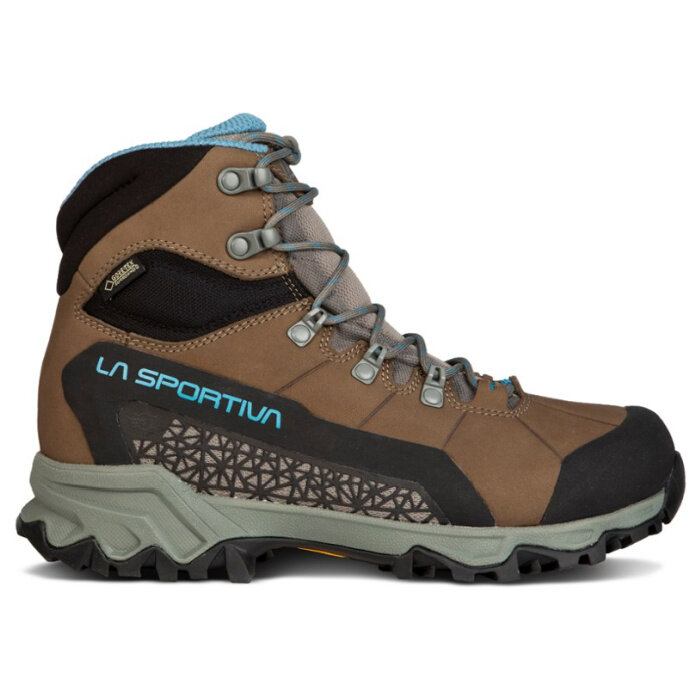 Brown hiking boots with a black toe, and light blue accents