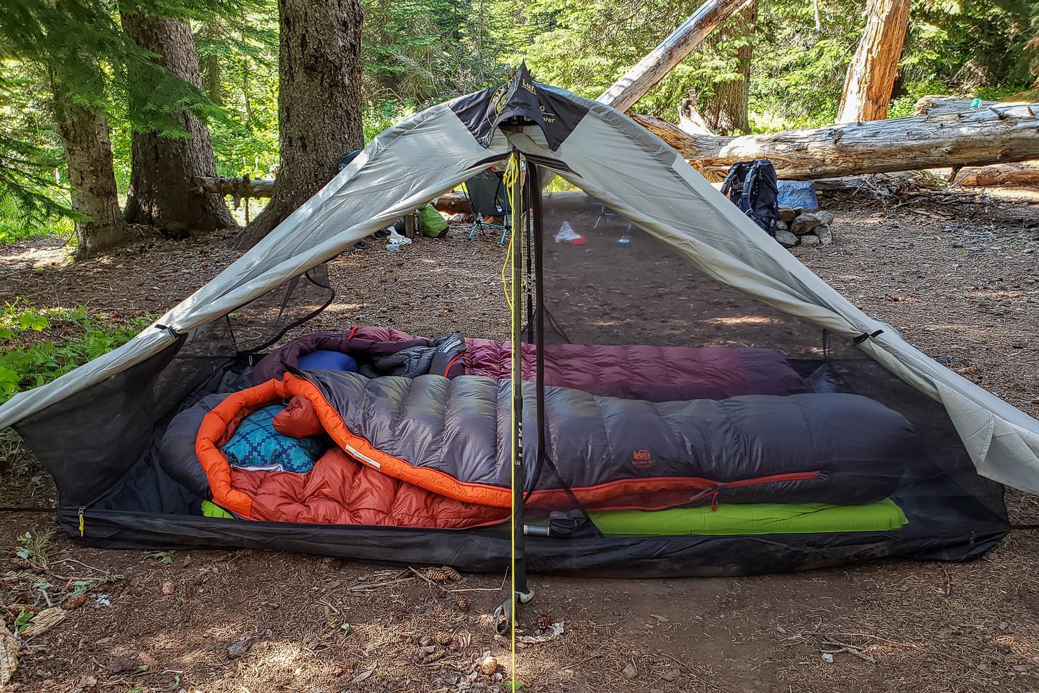 Closeup of two sleeping bags inside the mesh inner tent of the Lunar Duo