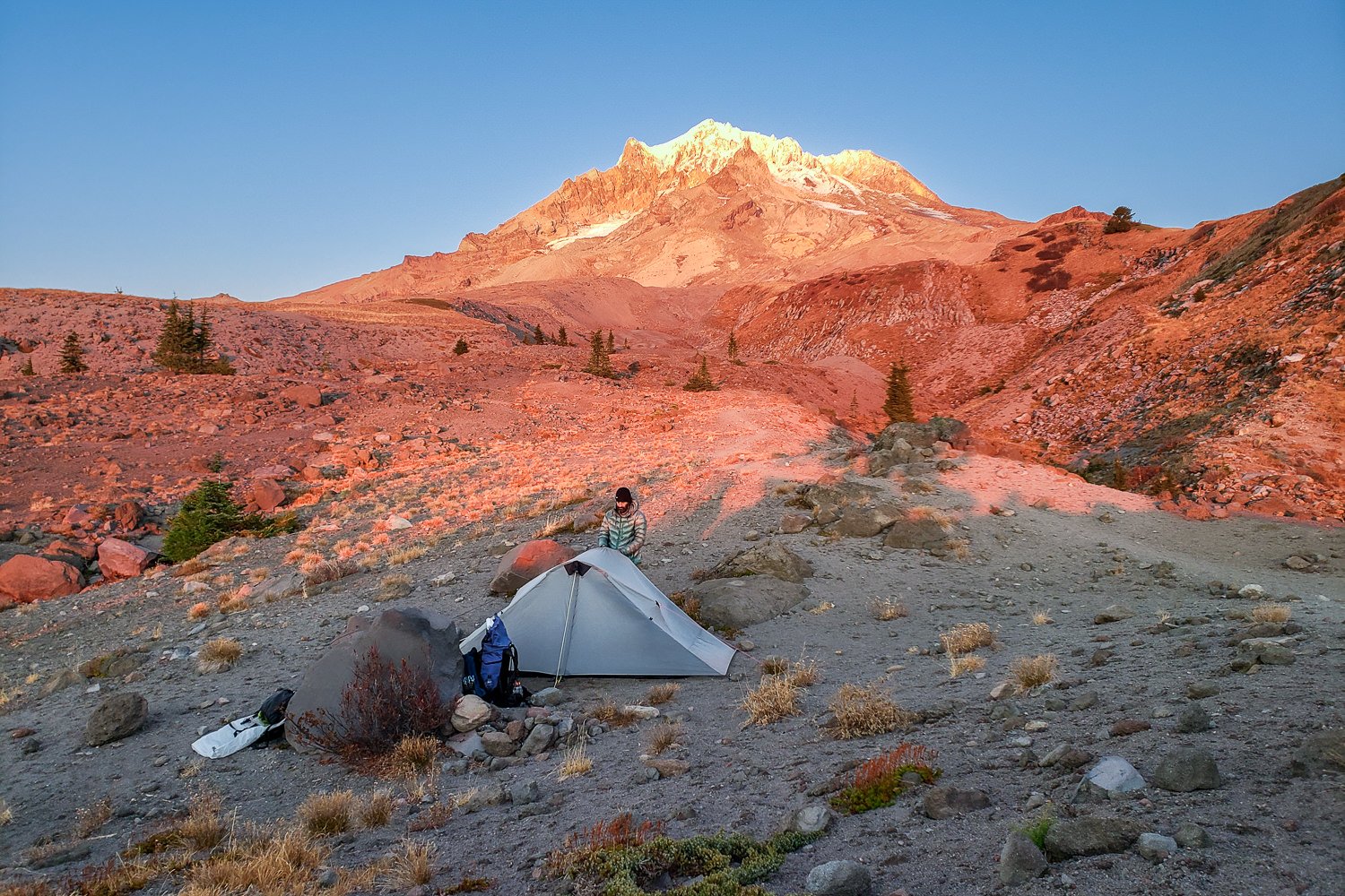 The Six Moon Designs Lunar Duo in a high-alpine campsite at sunset