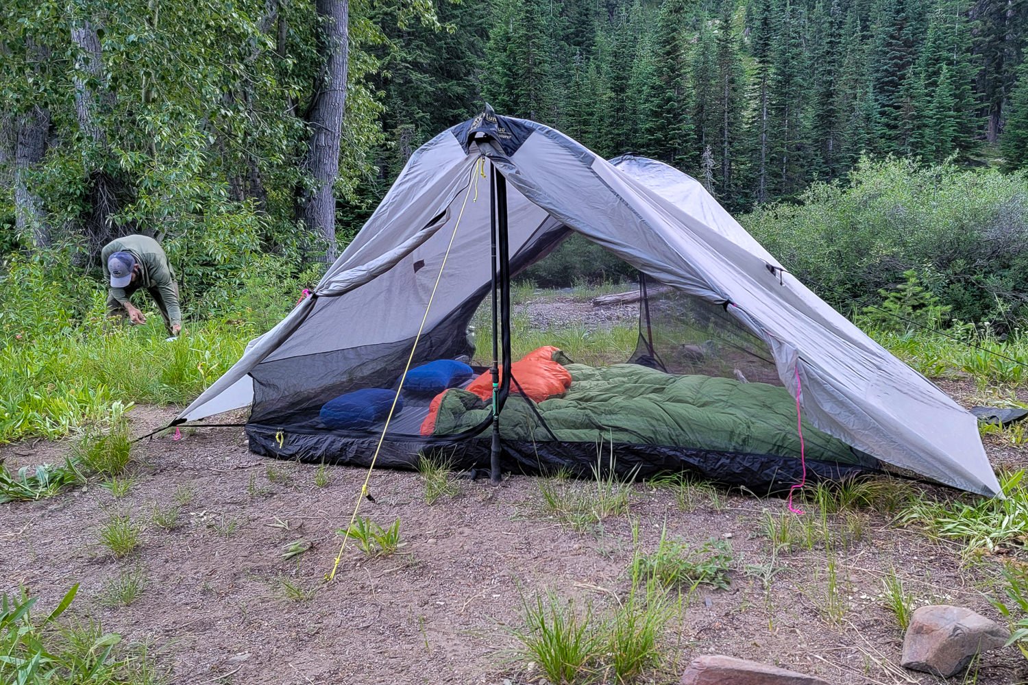 Closeup of trekking poles and guylines supporting the Lunar Duo tent