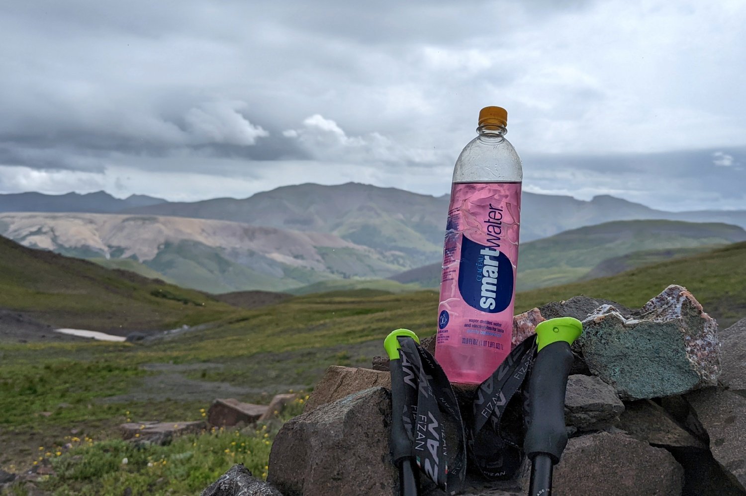 A Smartwater Bottle with pink watermelon Vitalyte electrolyte mix in it with mountains in the background