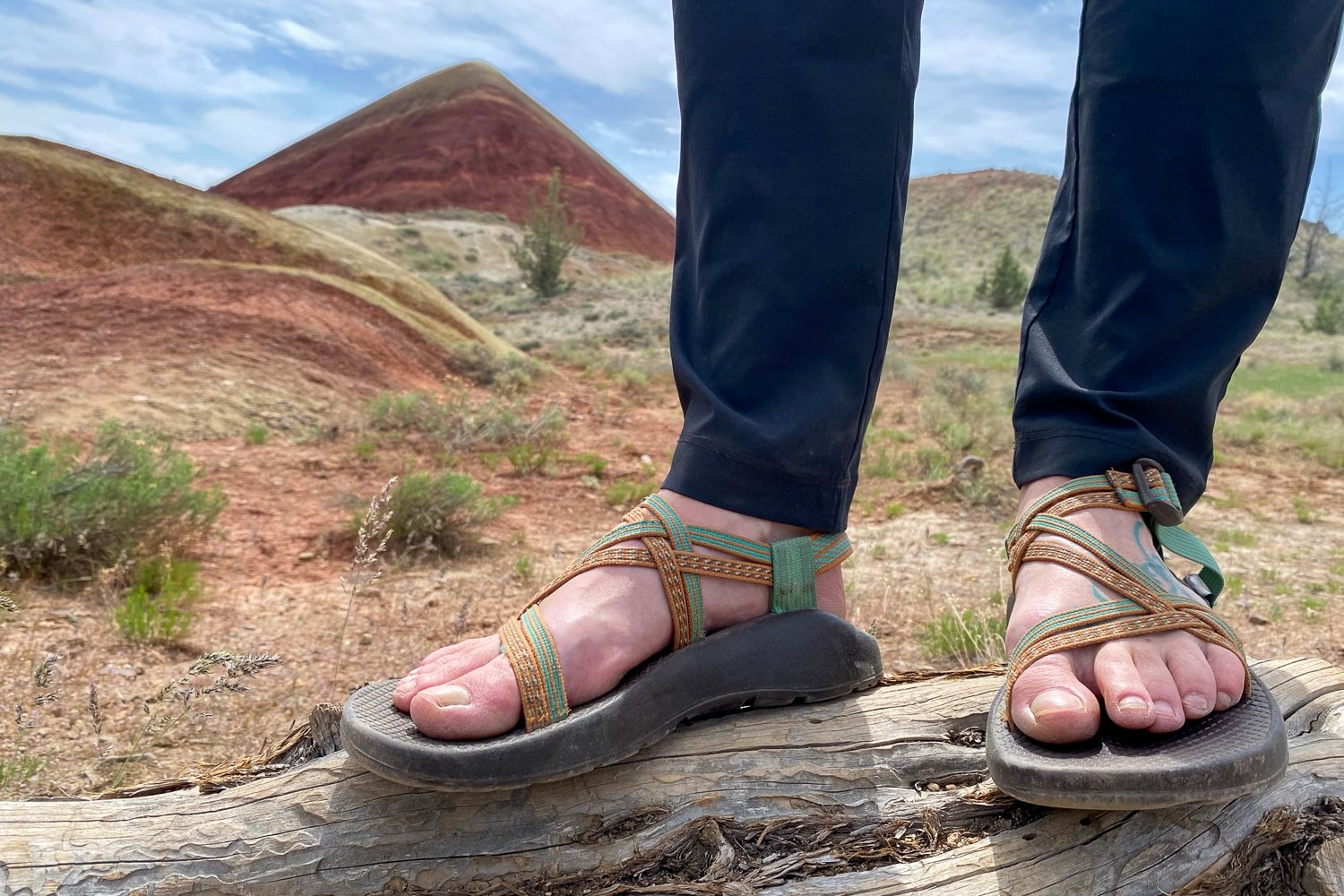 Closeup of the Chaco ZX/2 Classic Sandals in front of the Painted Hills in Oregon