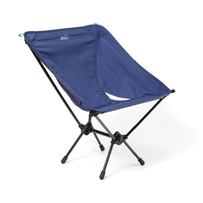 Blue curved camping chair supported by black frame