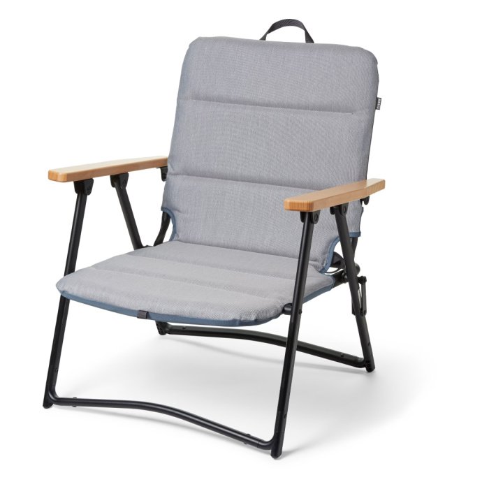 Grey padded camping chair with a black frame and wooden armrests