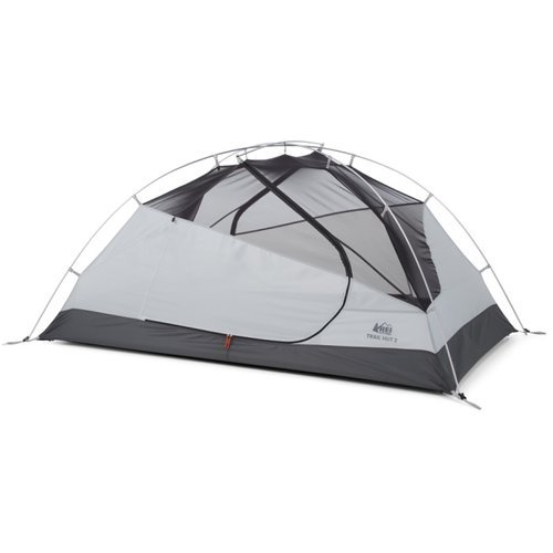 REI Trail Hut 2. Small grey and white backpacking tent.