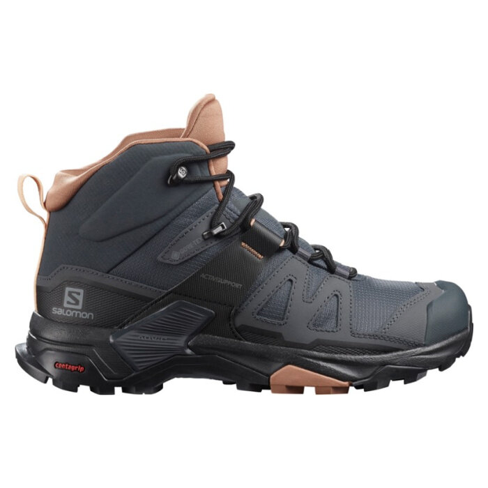 Dark grey hiking boot with rosy-tan ankle
