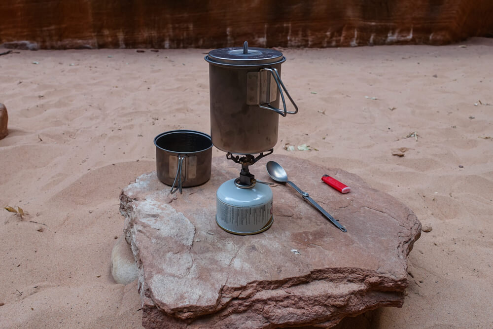 One of our favorite ultralight cooking combos: the BRS 3000T and the Snow Peak Mini Solo Cookset.