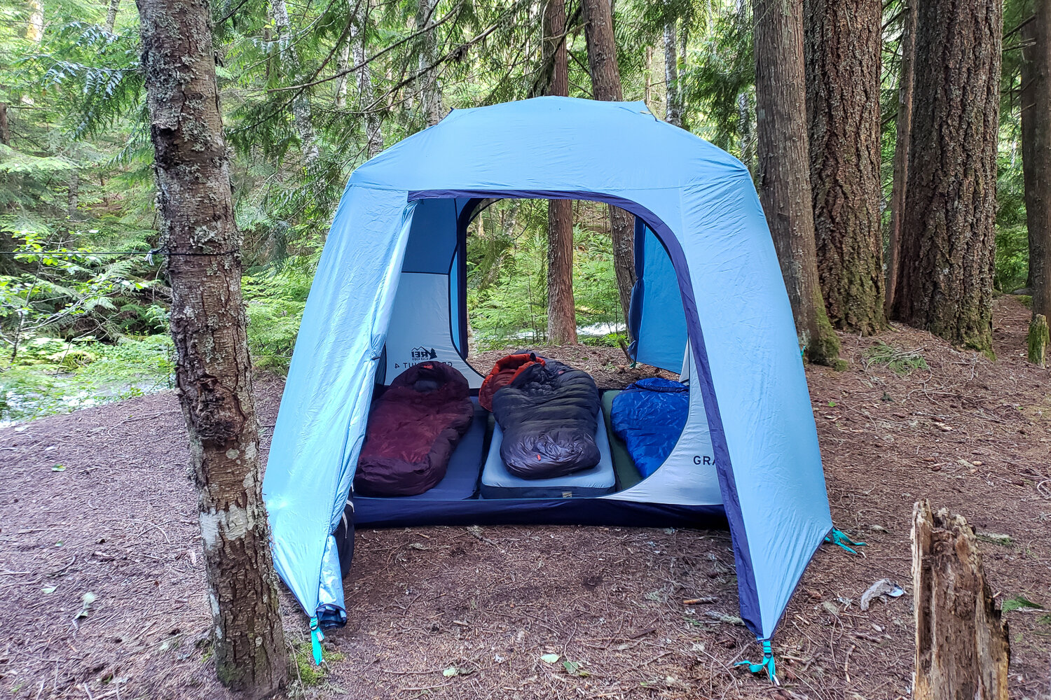 The REI Camp Dreamer XL, HEST Sleep System, and Exped MegaMat 10 LXW in the REI Grand Hut 4 Tent
