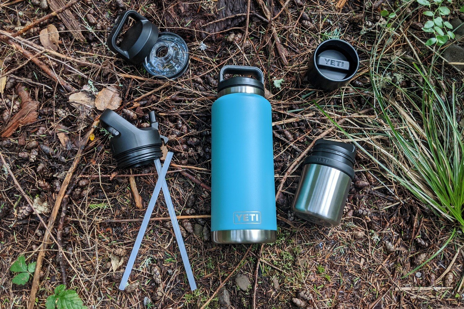The Yeti Rambler Vacuum Bottle with some of our favorite accessories.