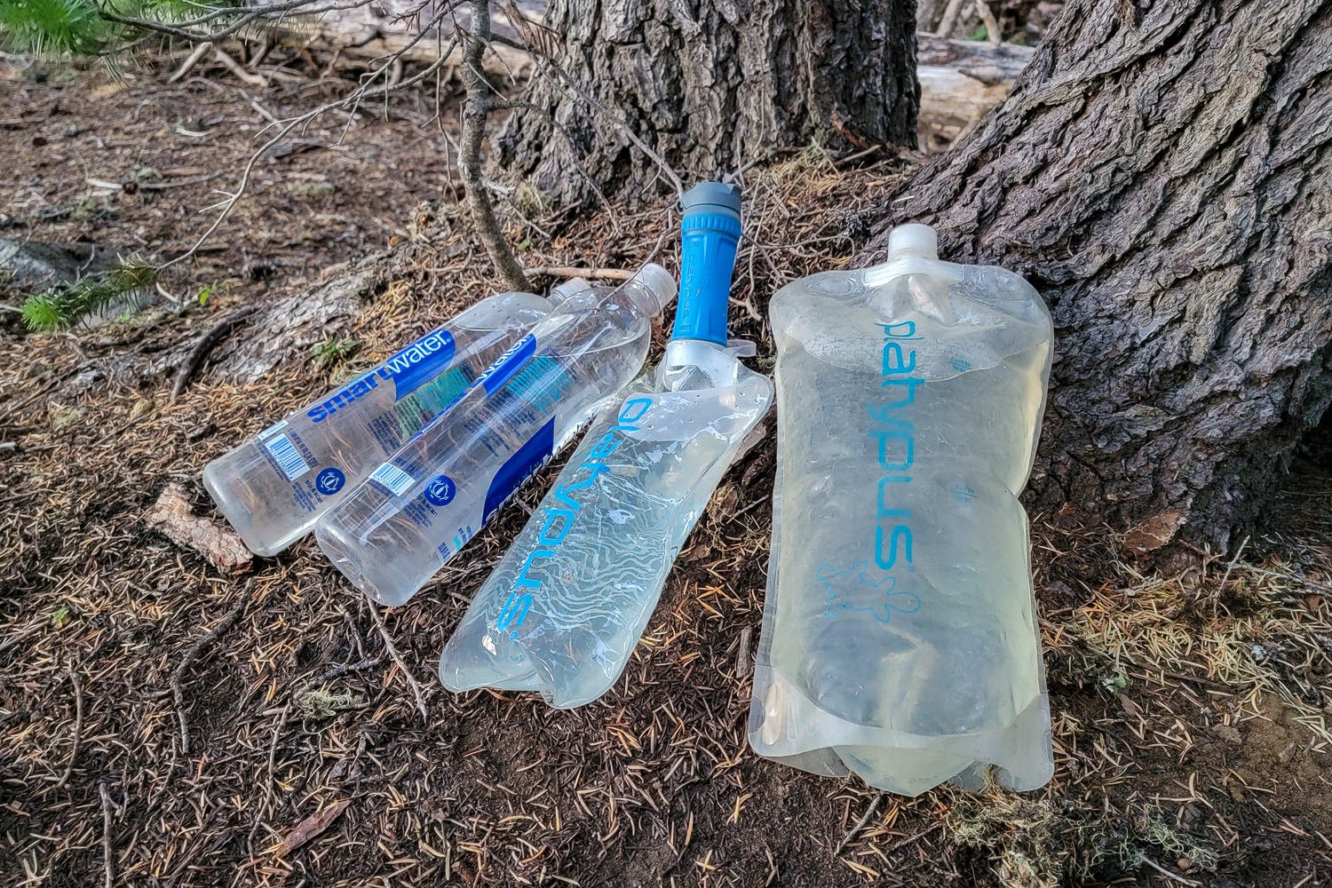 Smartwater bottles, Platypus Soft Bottles, and the Platypus Quickdraw water filter