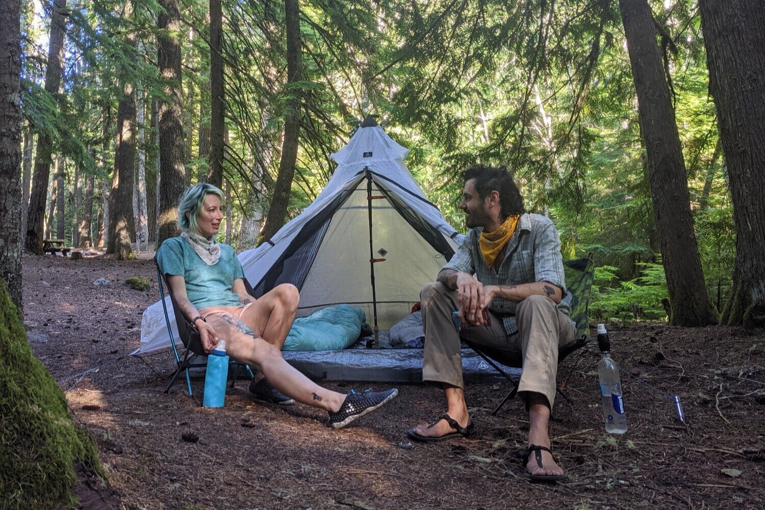 Evening camp hangout sesh in the Vivobarefoot Ultra 3 (left) and Luna Leadville Pacer (right).