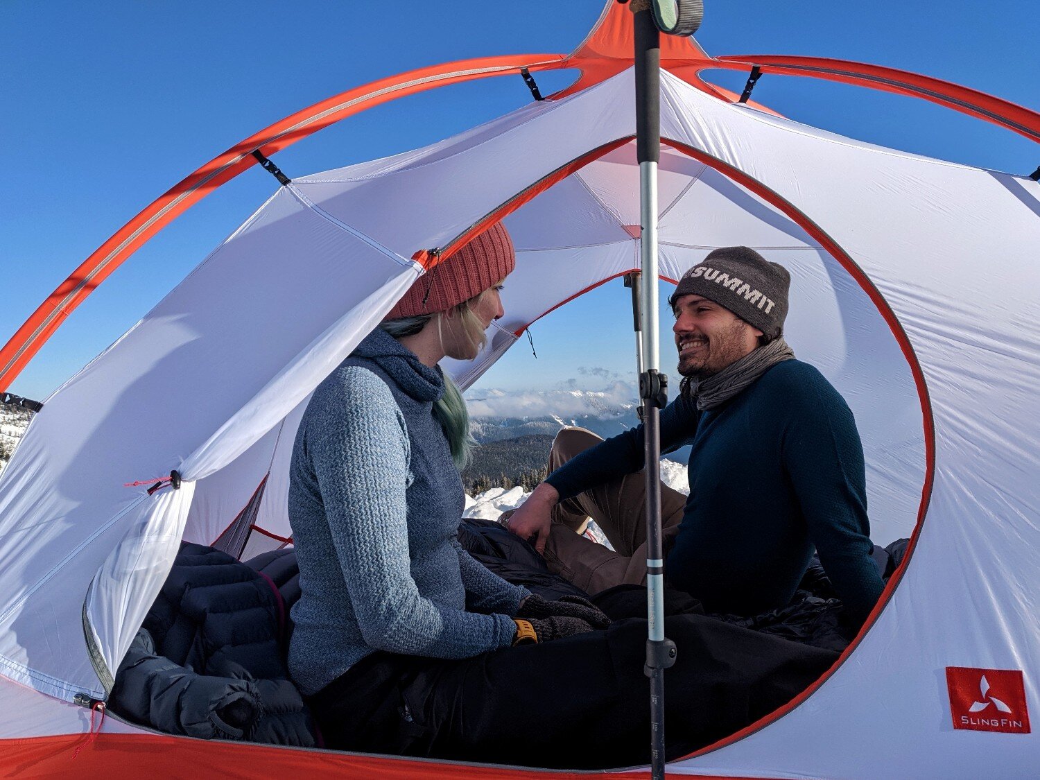 The Slingfin Crossbow has plenty of space for two hikers to sit up comfortably.