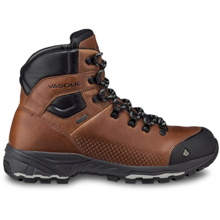 Brown leather-looking hiking boot with black sole, toe, heel and laces