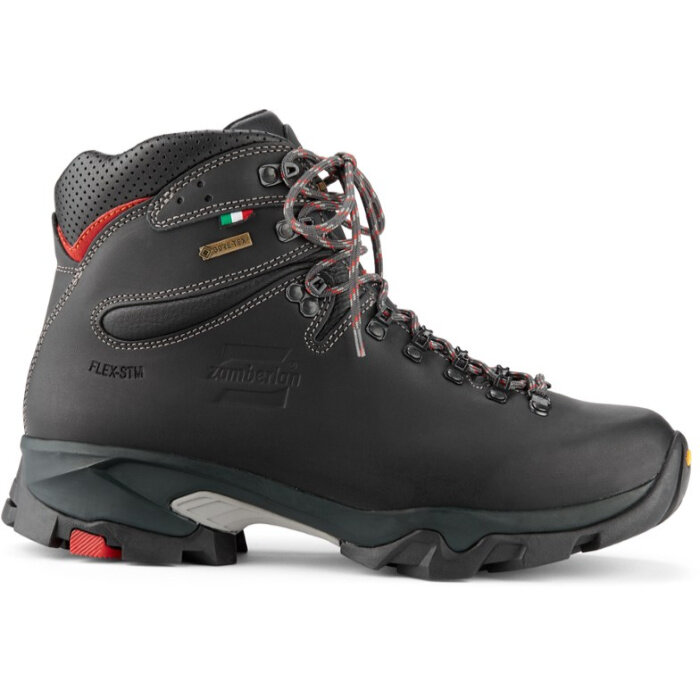 Black hiking boot with small red accents