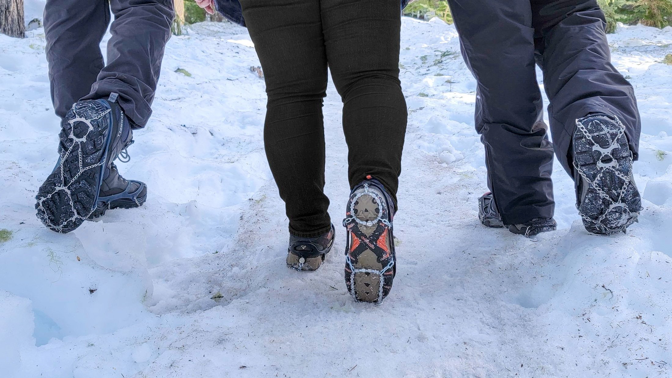 Snowline Chainsen Trail Light (left), Yaktrax Diamond Grip (middle) & Kahtoola MICROspikes (right)