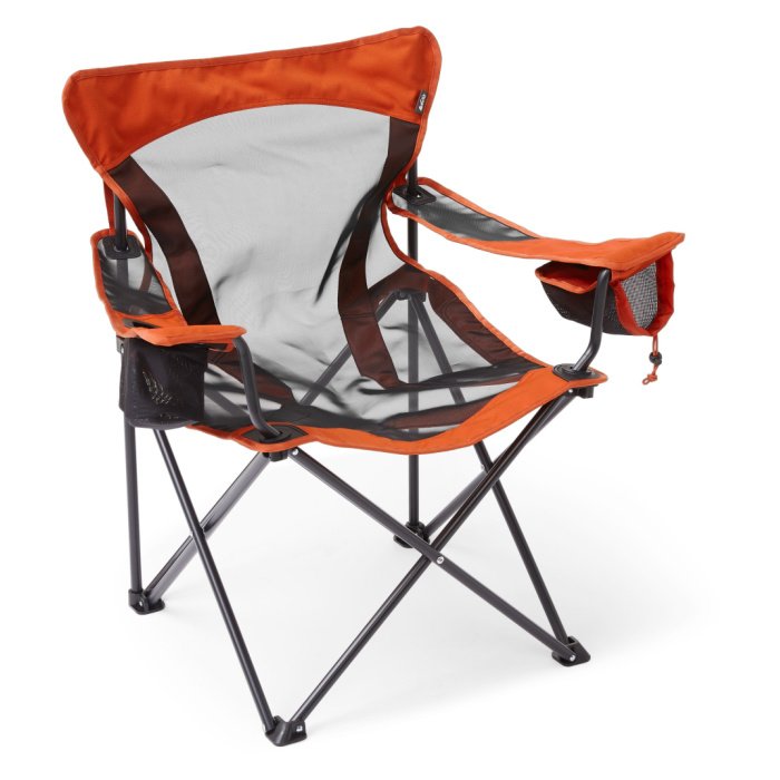 Orange camping chair with black mesh back and seat. Chair-arm pocket cupholders, and black legs