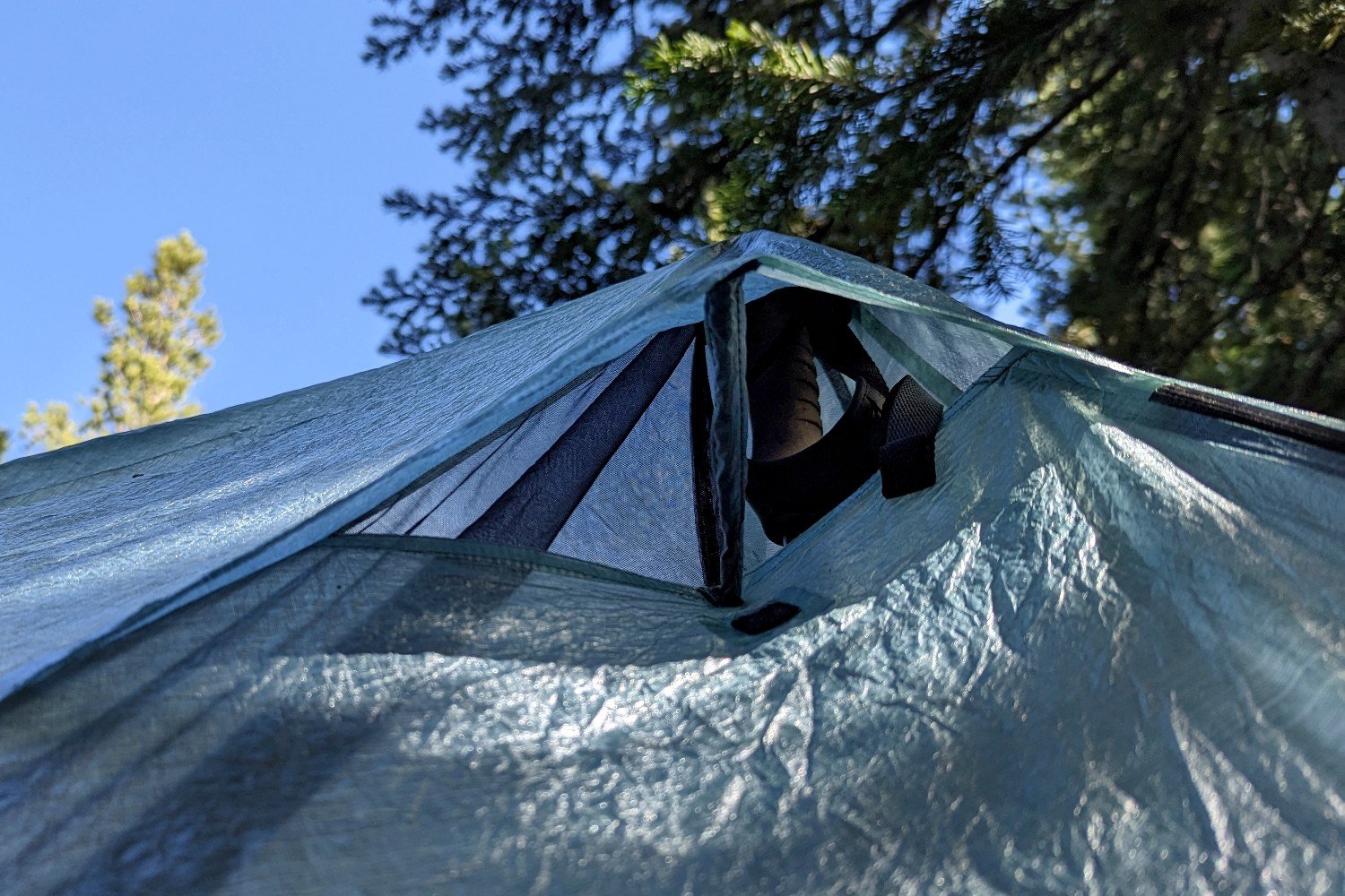 A close up view of the open peak vent on the Durston X-Mid 2 Pro tent