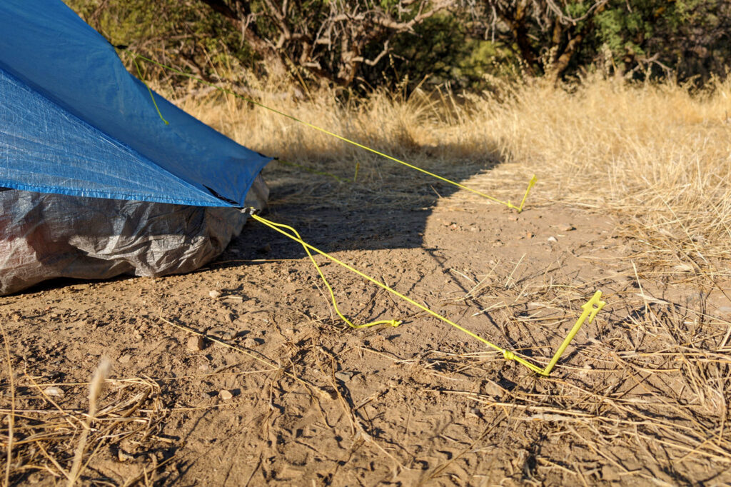 A view of the guylines and tent stakes on the Zpacks Duplex Tent