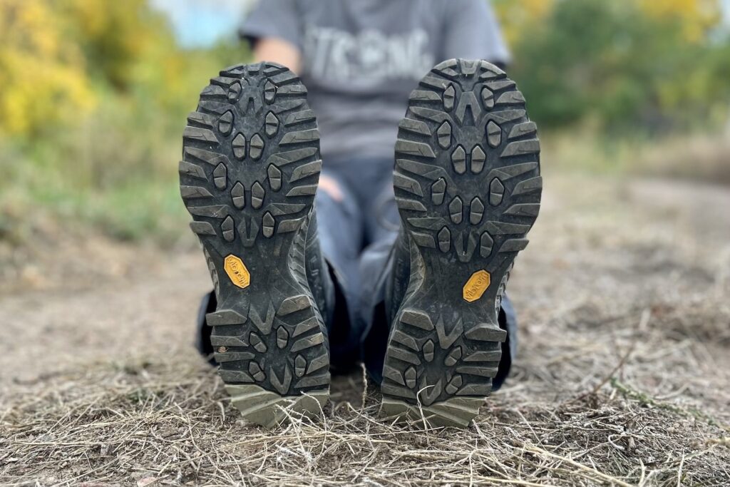 Closeup of the lugs on the bottom of the La Sportiva Spire GTX hiking shoes